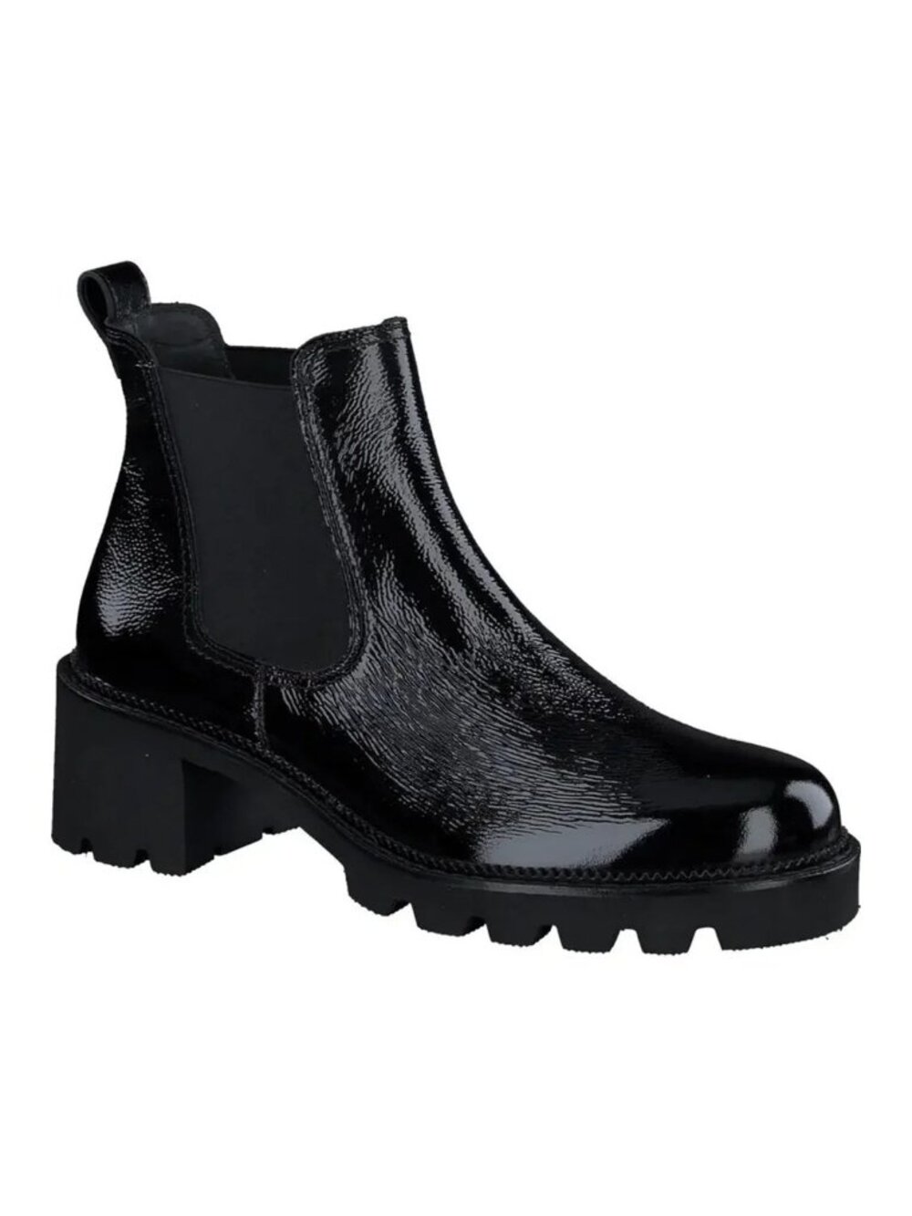 $550 Paul Green Jada Lug Sole Chelsea Boot CRINKLED PATENT BLACK 9 US (TF28)